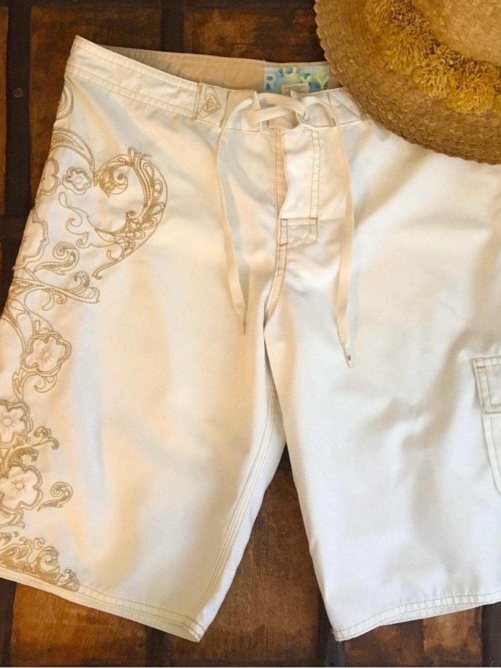 Roxy Beige and White Swim Shorts with Pastel Logo Detail